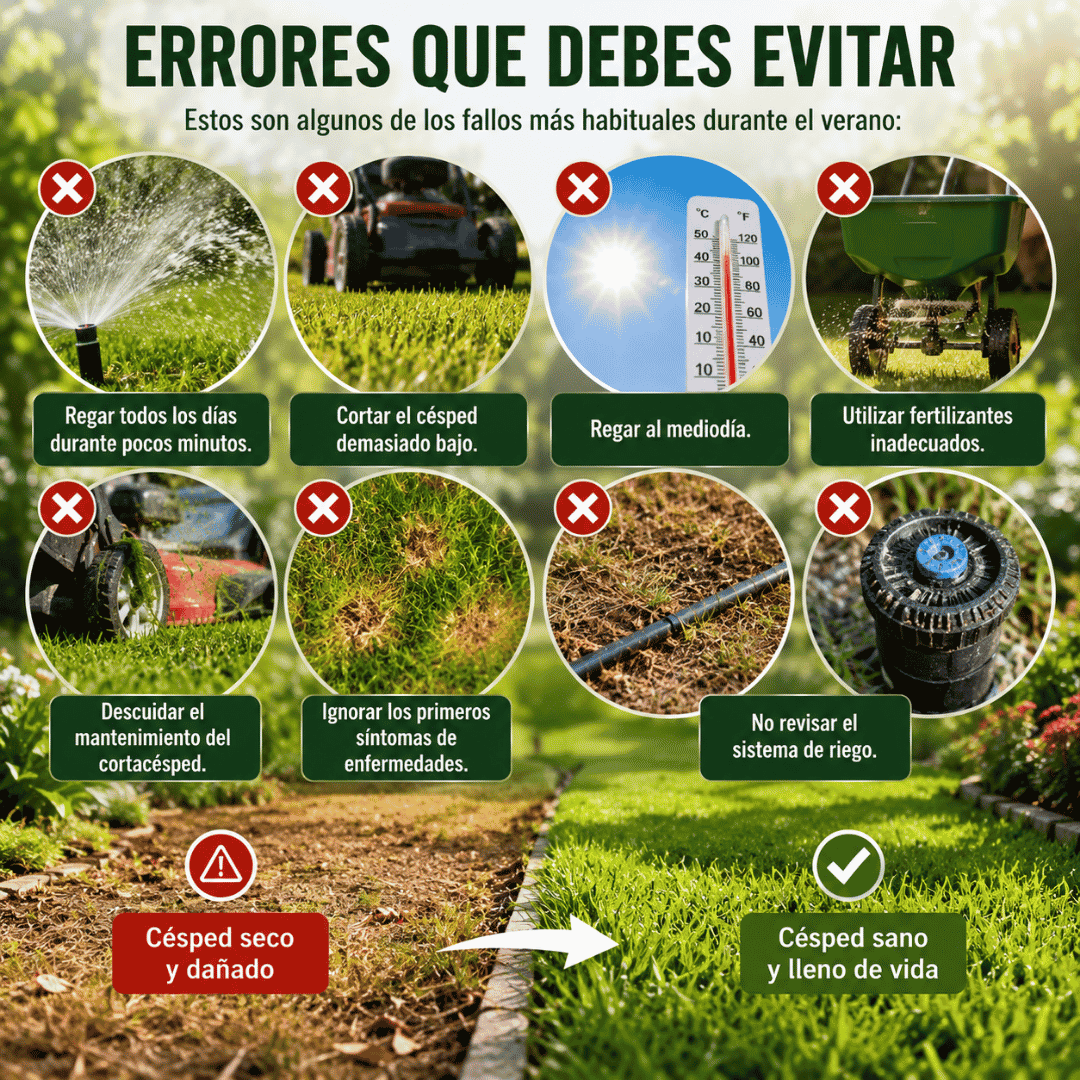 errores-al-cuidar-el-cesped-en-verano-madrid Infografía sobre los errores más frecuentes en el mantenimiento del césped durante el verano, como regar poco tiempo, cortar demasiado bajo, regar al mediodía y utilizar fertilizantes inadecuados.