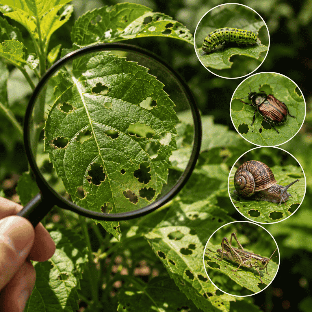 hojas-mordidas-por-plagas-en-jardin-madrid Hoja con agujeros provocados por insectos masticadores como orugas, escarabajos, caracoles y saltamontes en un jardín de Madrid.