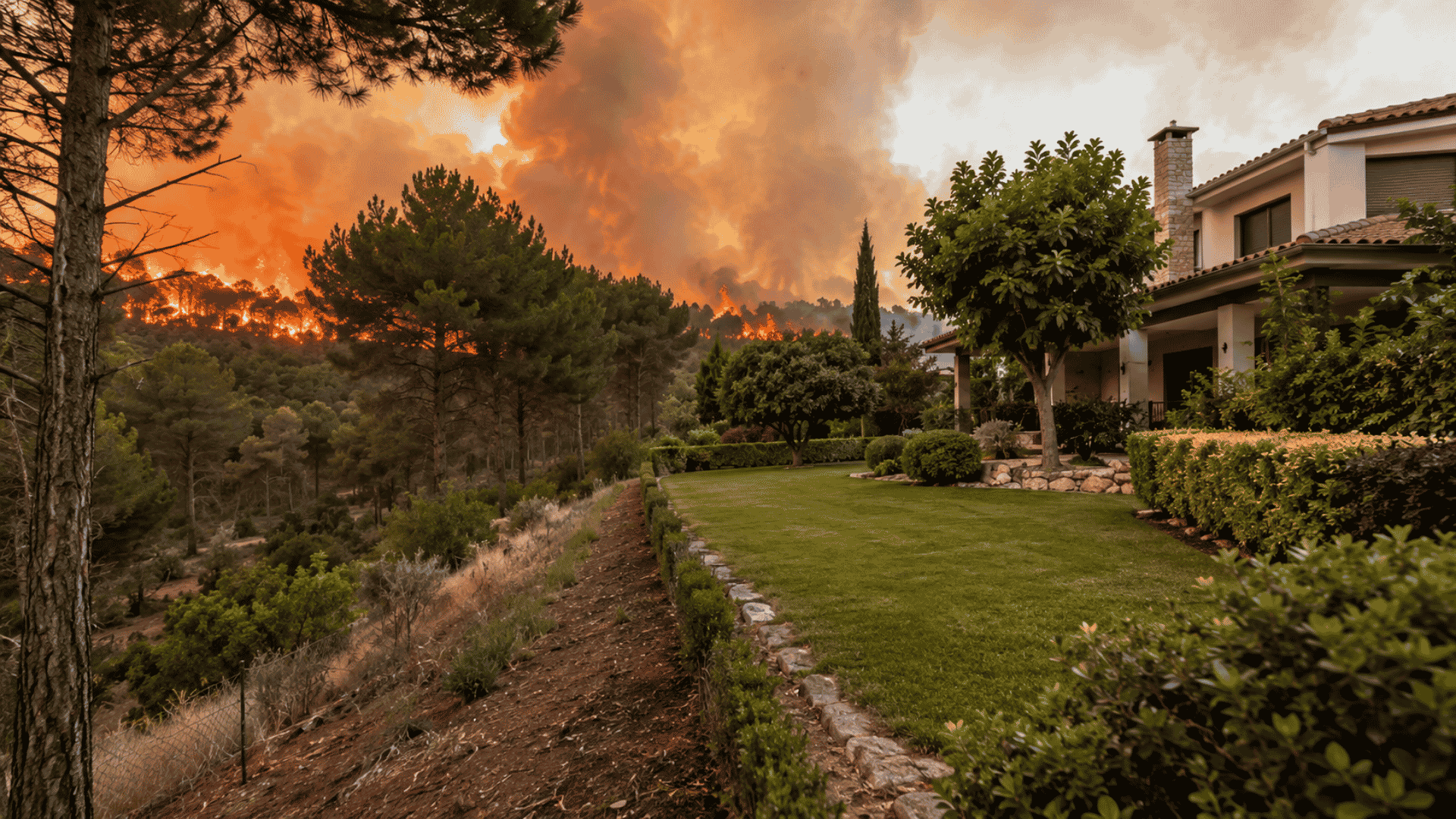 incendios-forestales-en-madrid-proteger-jardines Vivienda con jardín situada junto a una zona forestal mientras un incendio forestal avanza al fondo. Imagen representativa de la importancia del mantenimiento preventivo de jardines y árboles para reducir el riesgo de incendios en Madrid.