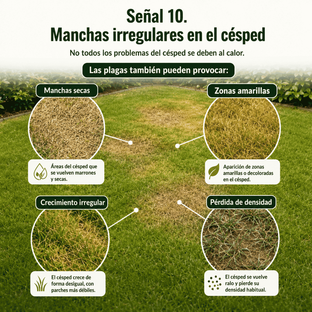 manchas-irregulares-cesped-plaga-madrid Césped con manchas secas, zonas amarillas, pérdida de densidad y crecimiento irregular, síntomas que pueden indicar una plaga en jardines de Madrid.