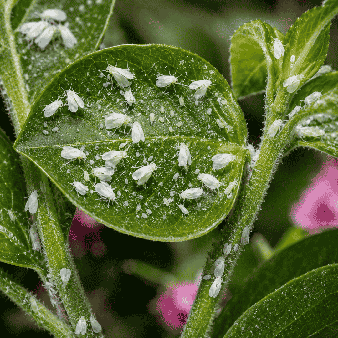 Infestación de mosca blanca sobre hojas y tallos de una planta ornamental, una plaga frecuente en jardines de Madrid durante los meses cálidos.