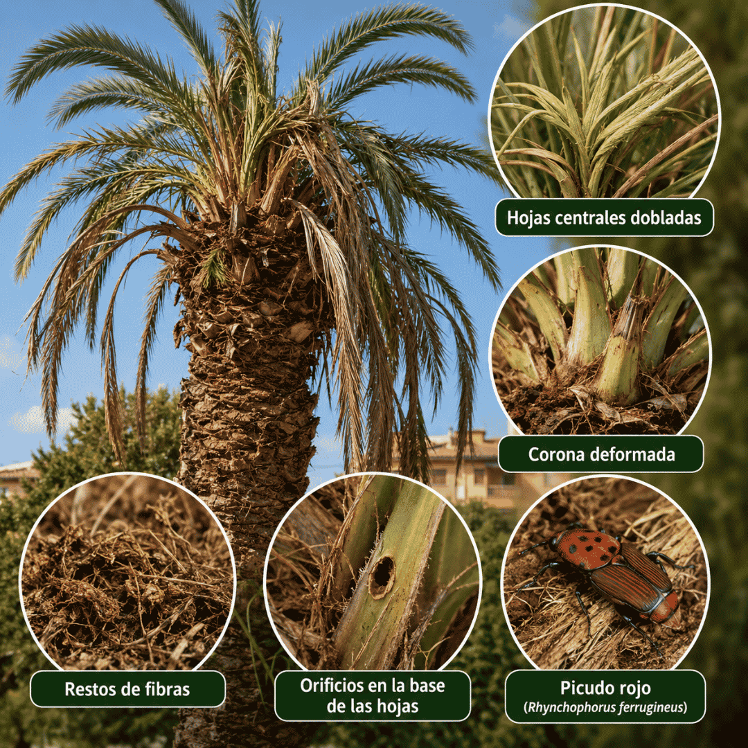 picudo-rojo-palmera-sintomas-plaga-madrid Palmera afectada por picudo rojo con hojas centrales dobladas, corona deformada, orificios en la base de las hojas y restos de fibras, síntomas habituales de esta plaga en Madrid.