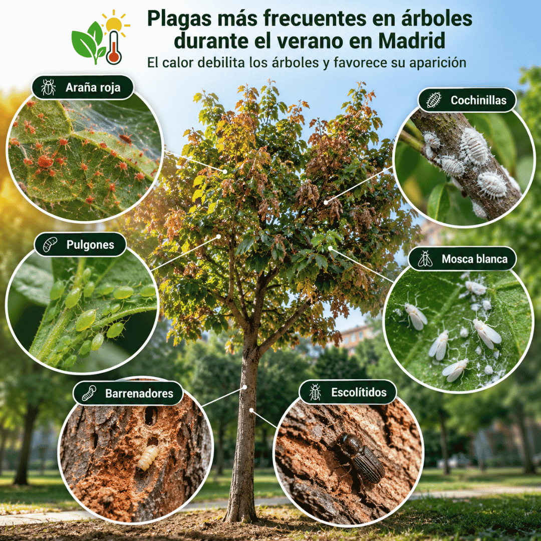 Infografía sobre las plagas más frecuentes en árboles durante el verano en Madrid: araña roja, pulgones, cochinillas, mosca blanca, barrenadores y escolítidos que afectan a árboles debilitados por el calor extremo.