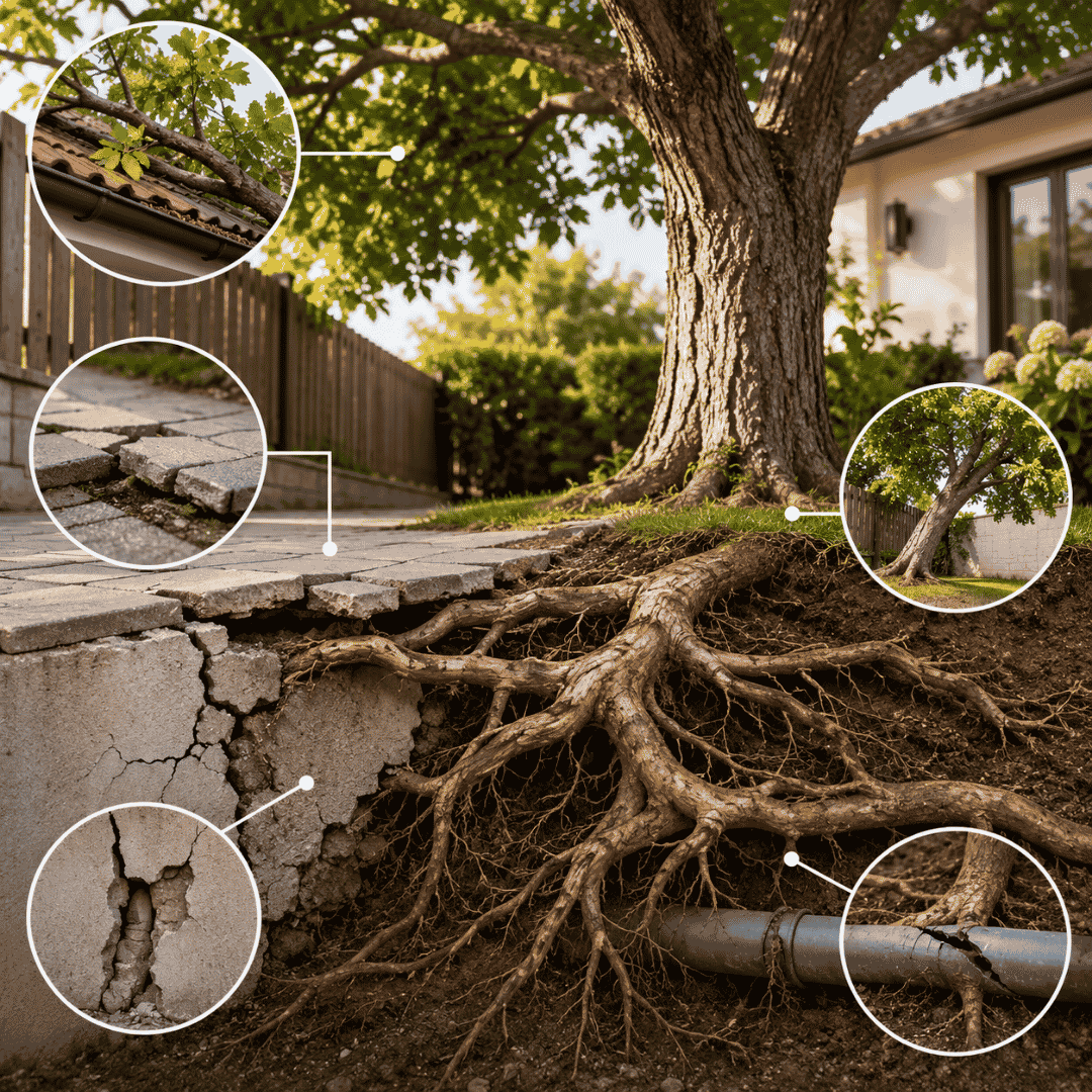problemas-arbol-invade-propiedad-vecino-madrid Infografía que muestra los principales problemas de un árbol que invade una propiedad en Madrid, incluyendo raíces que levantan pavimentos, daños en muros y tuberías, ramas sobre tejados y riesgo de inclinación del árbol.