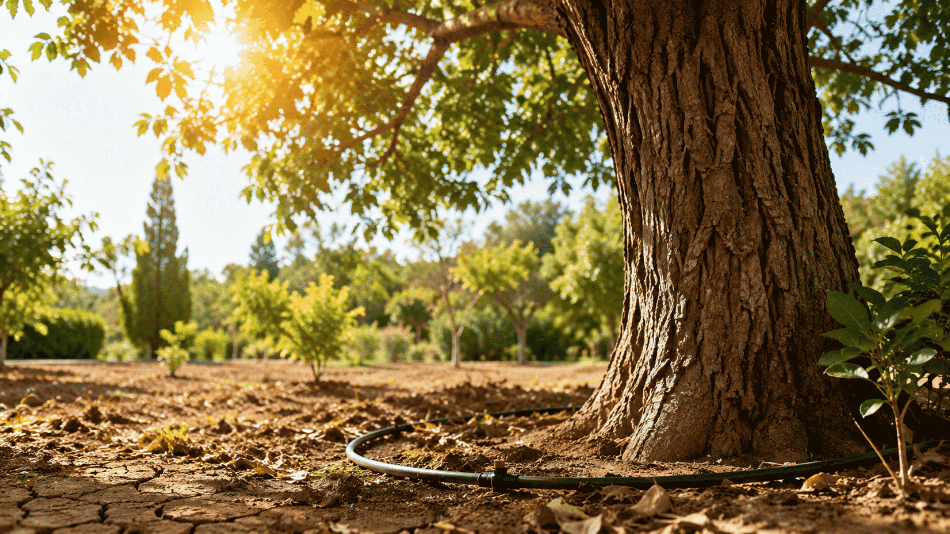 Árbol urbano recibiendo riego por goteo para protegerlo del calor extremo y el estrés hídrico durante el verano en Madrid.