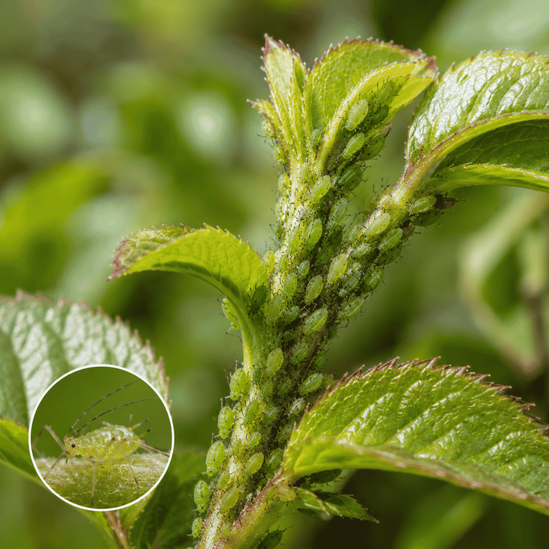 Colonia de pulgones verdes alimentándose de un brote tierno, uno de los primeros síntomas de una plaga en jardines de Madrid.