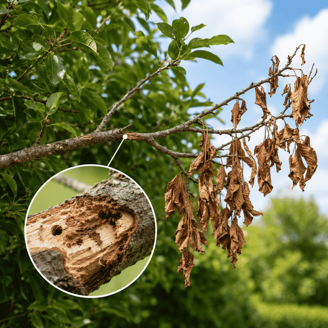 ramas-secas-por-plaga-en-arbol-madrid Rama de un árbol con hojas secas y galerías internas provocadas por insectos perforadores en un jardín de Madrid.