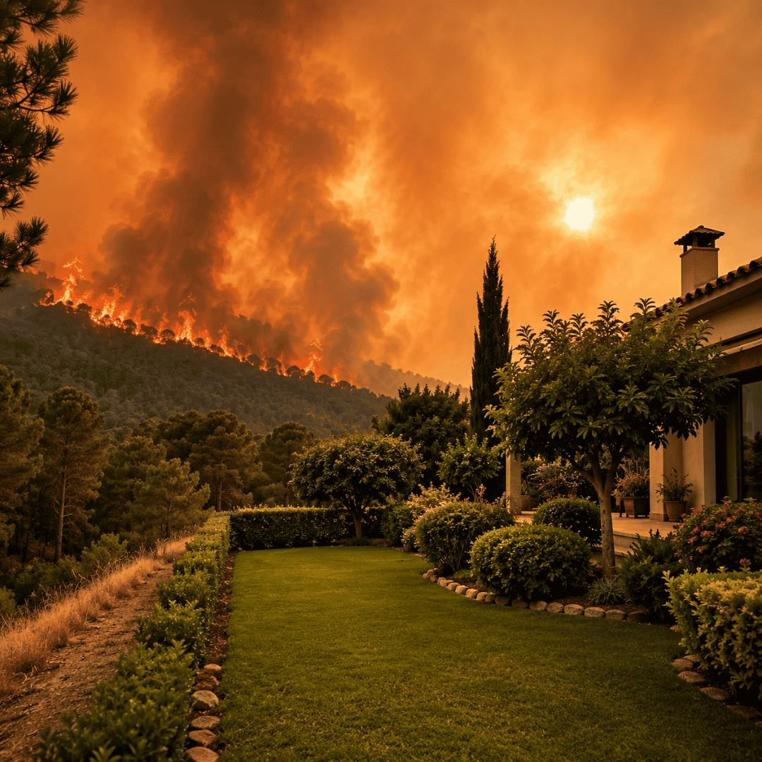riesgo-de-incendios-forestales-en-jardines-de-madrid Incendio forestal próximo a una vivienda con jardín en Madrid durante el verano. Imagen que representa el riesgo que enfrentan jardines, parcelas y urbanizaciones situadas junto a zonas forestales y la importancia del mantenimiento preventivo.