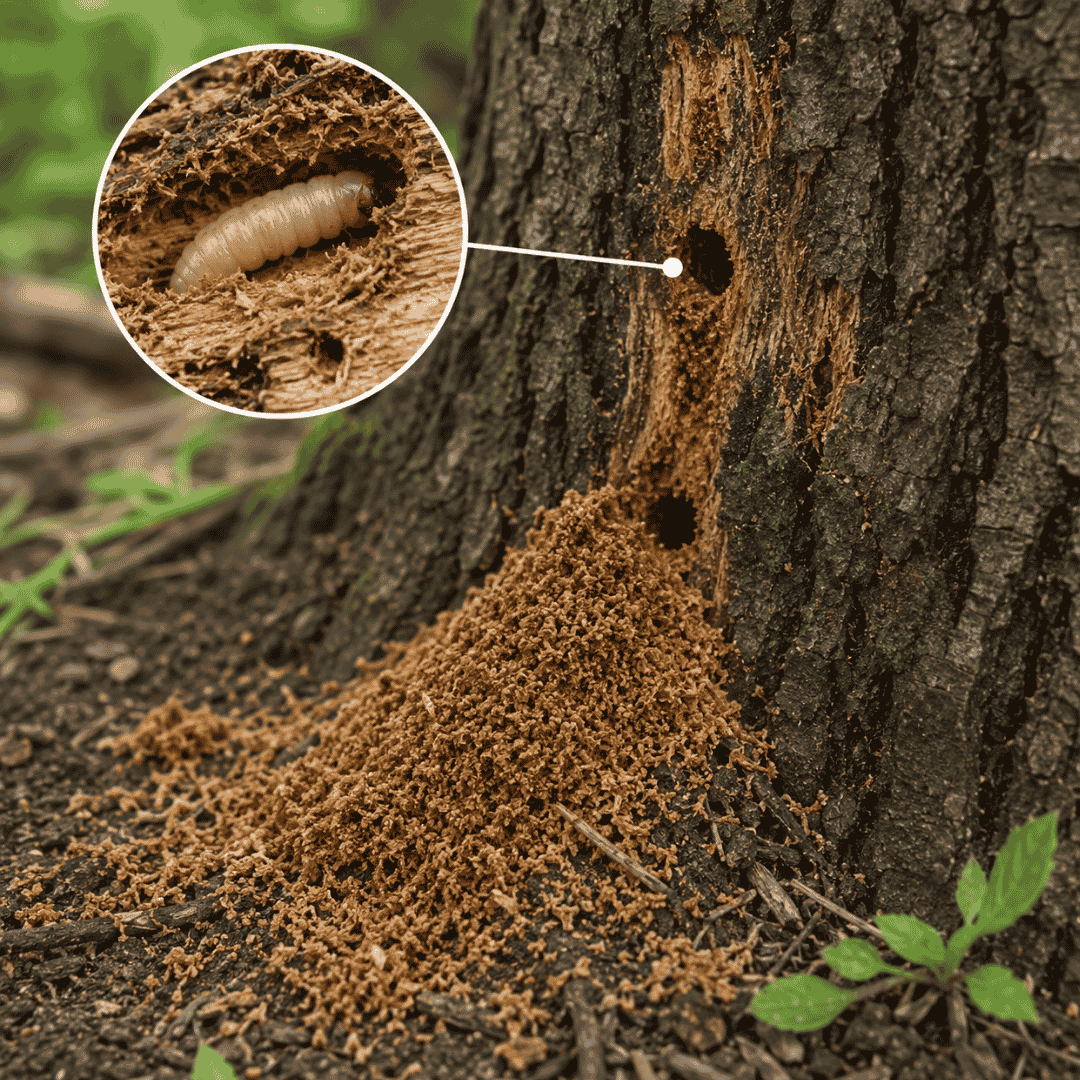 serrin-alrededor-del-tronco-plaga-arbol-madrid Serrín acumulado junto al tronco de un árbol con agujeros producidos por larvas de insectos perforadores, un síntoma de plaga en jardines de Madrid.