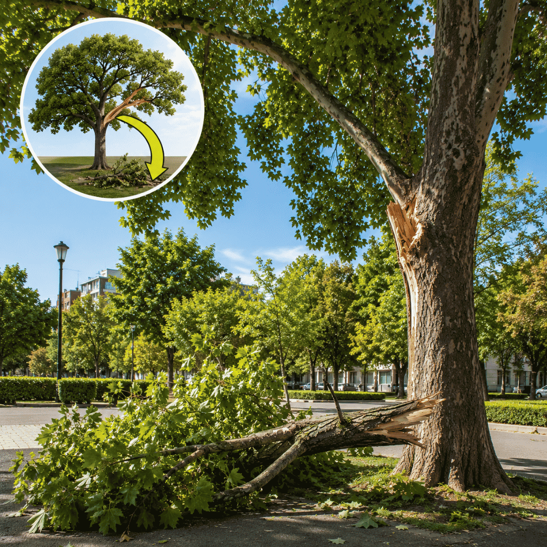 Summer Branch Drop en Madrid: caída súbita de una rama de gran tamaño Árbol urbano con una rama de gran tamaño desprendida por el fenómeno Summer Branch Drop (SBD) en Madrid.