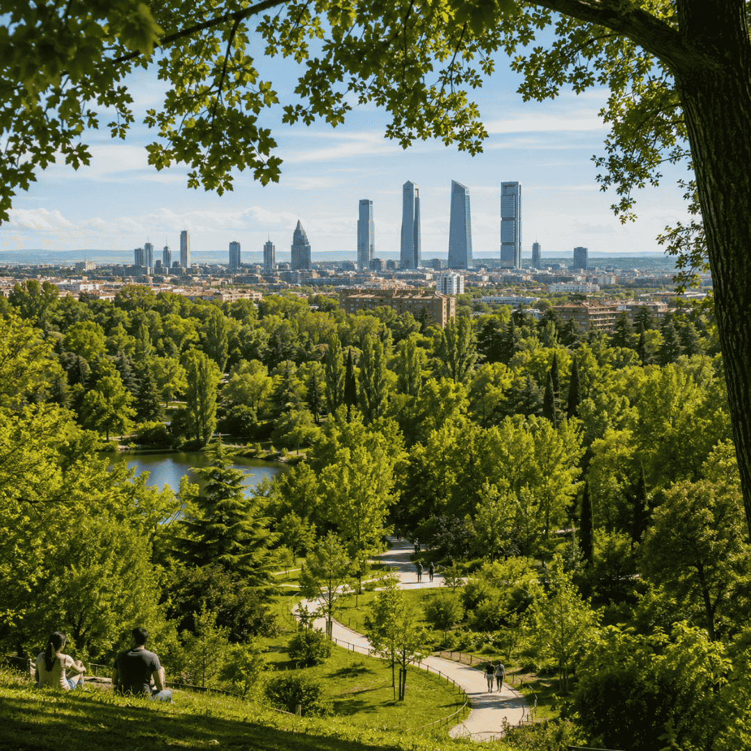Zona verde con árboles y parque urbano frente al skyline de Madrid