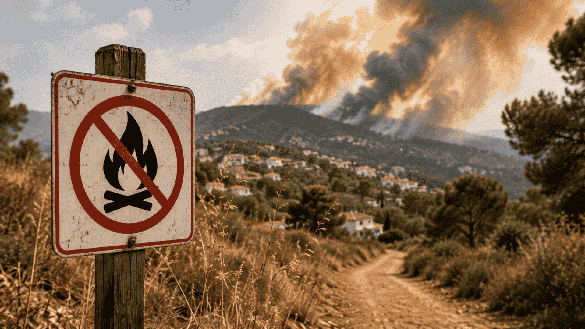 Incendio forestal en una zona de vegetación seca de Madrid durante el verano, con señal de prevención de incendios