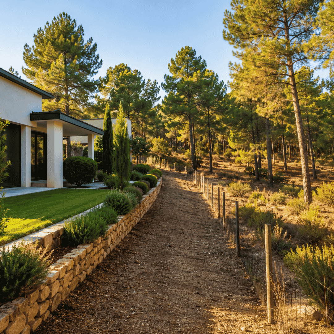 Vivienda con jardín junto a una zona forestal en Madrid con vegetación cercana