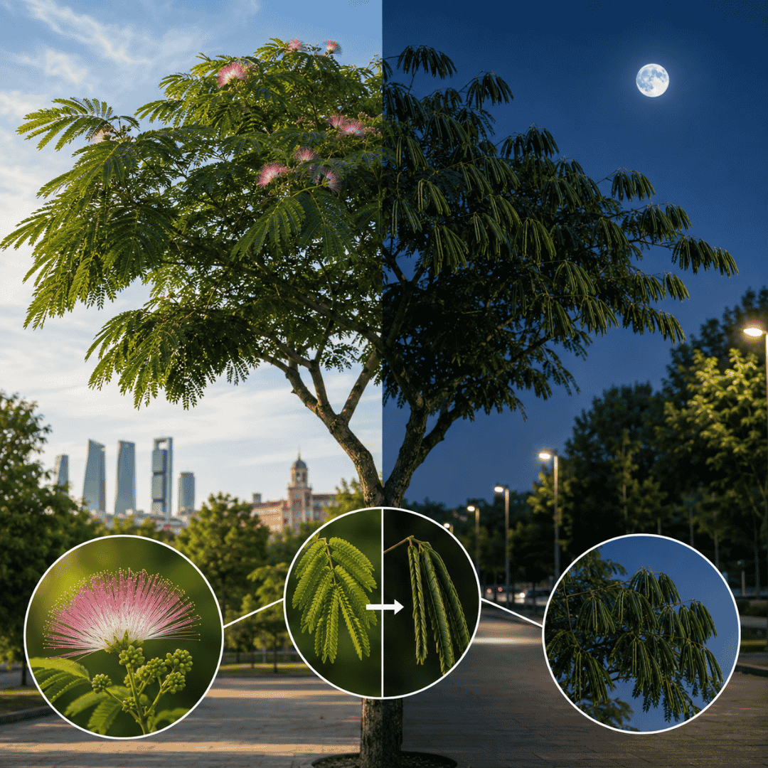 Albizia julibrissin con hojas extendidas de día y plegadas durante la noche