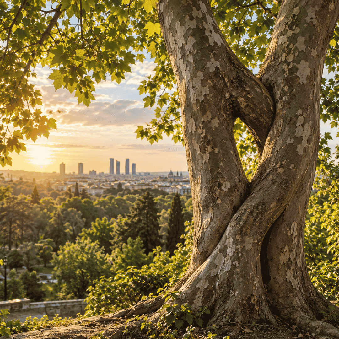 Árbol con troncos entrelazados por inosculación en Madrid