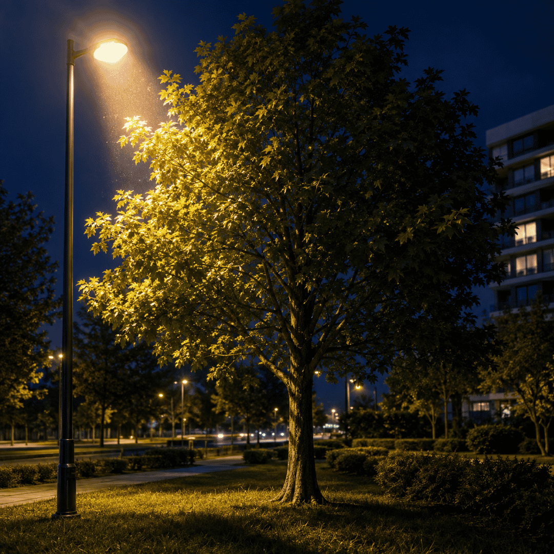 Árbol urbano iluminado durante la noche por una farola en Madrid
