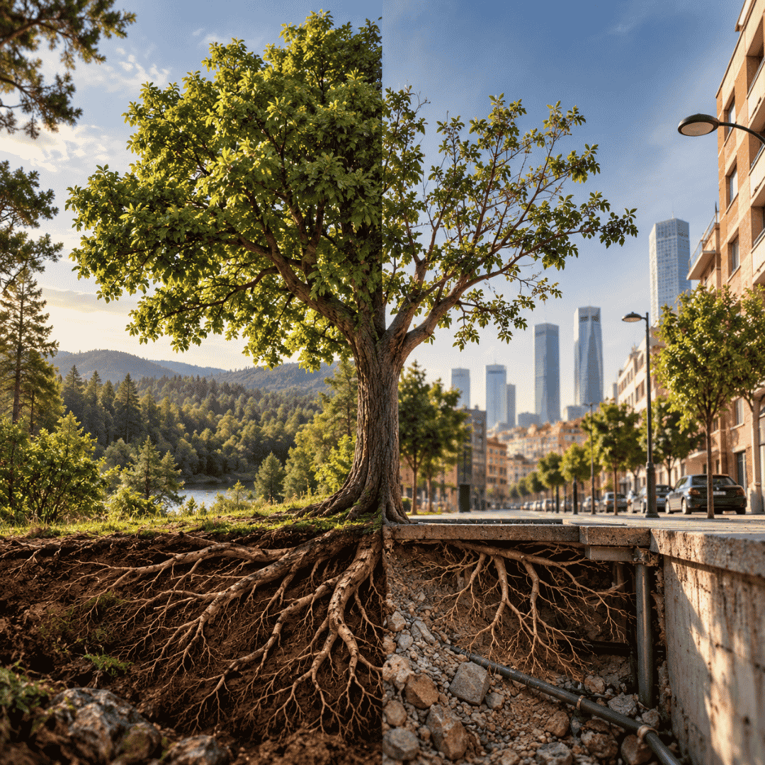 Árbol urbano con raíces en suelo natural y pavimentado en Madrid