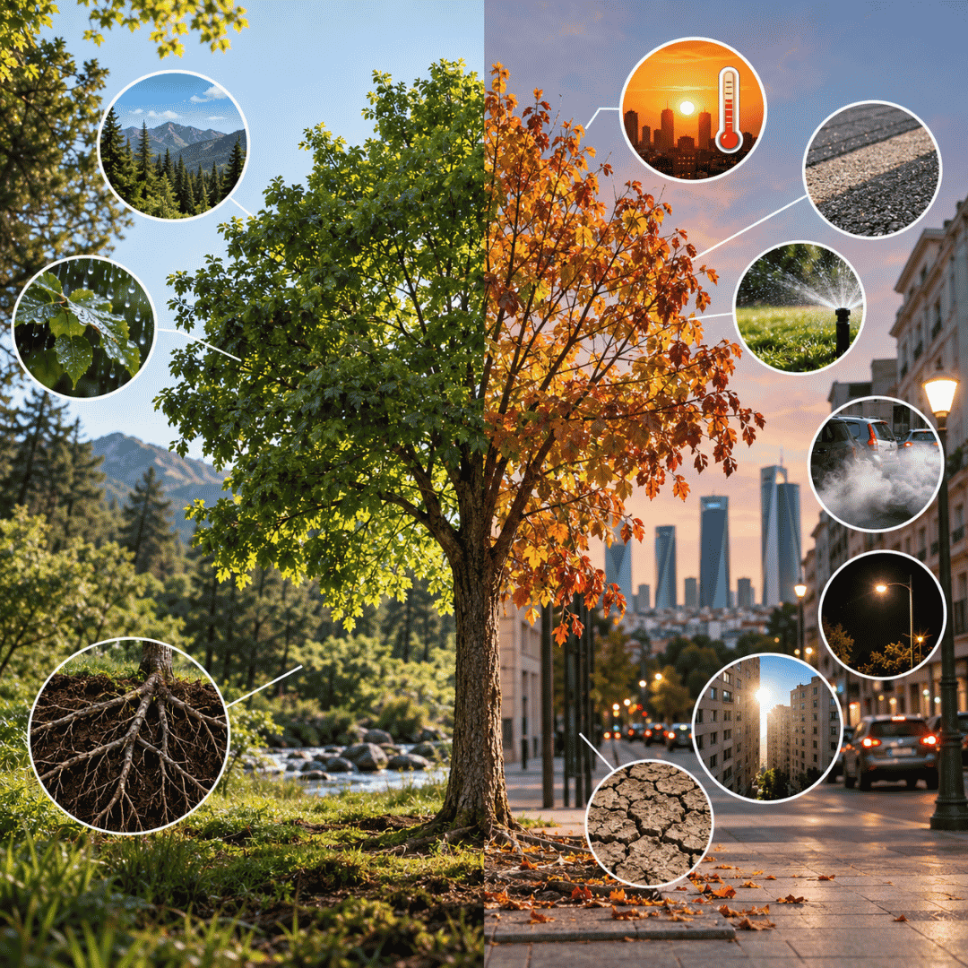 Árbol urbano en Madrid y árbol en entorno natural afectados por diferentes condiciones ambientales