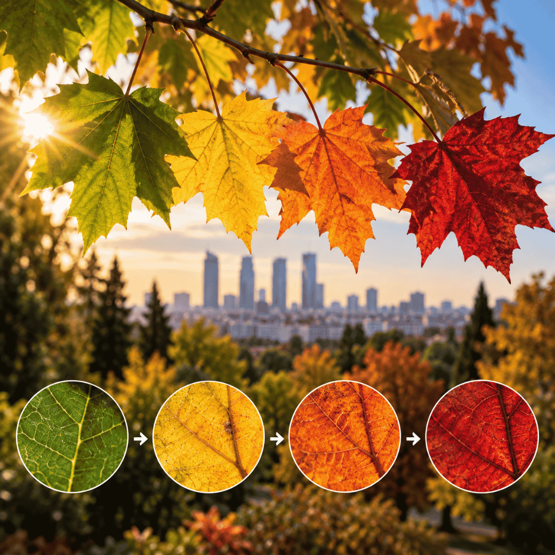 Cambio de color de las hojas de verde a amarillo, naranja y rojo durante el otoño en Madrid