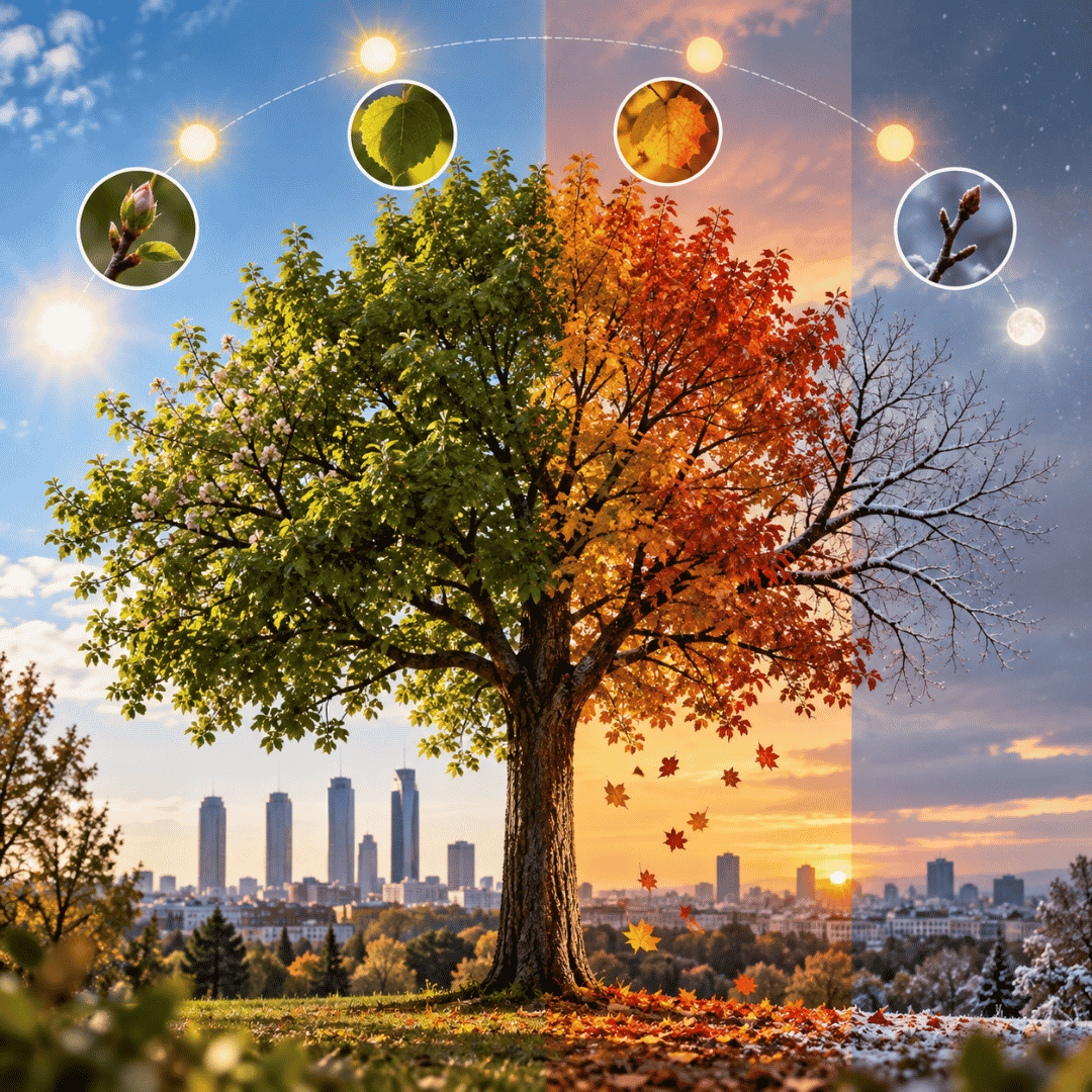 Ciclo estacional de un árbol desde el crecimiento hasta el cambio de hojas y el reposo invernal en Madrid