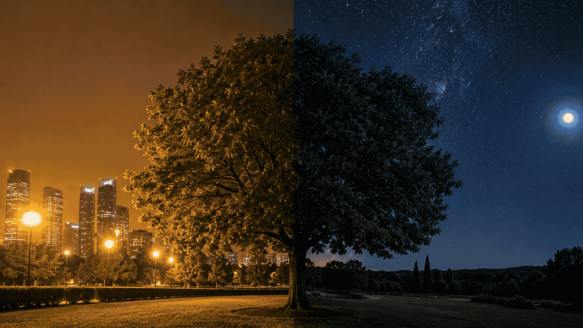 Árbol urbano expuesto a contaminación lumínica durante la noche en Madrid