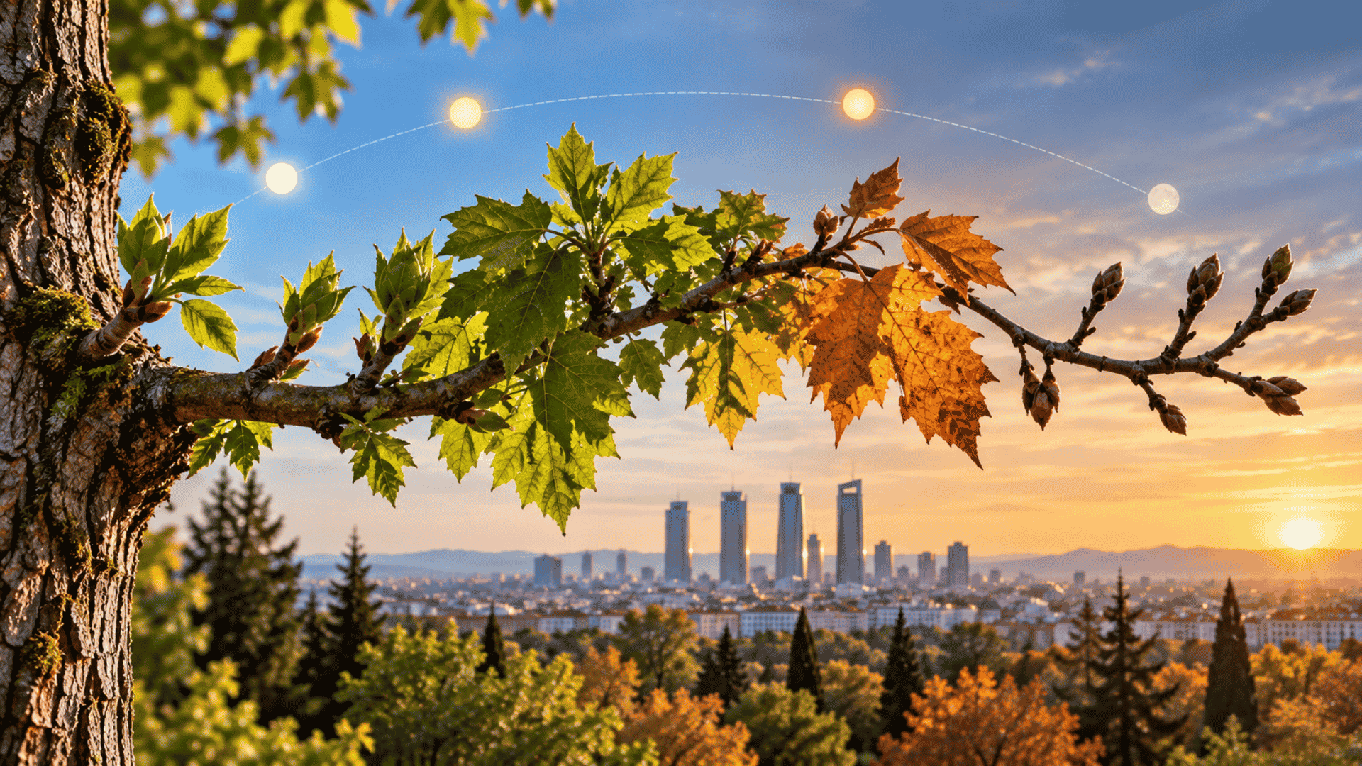 Fotoperiodo y cambios estacionales en el crecimiento de un árbol en Madrid