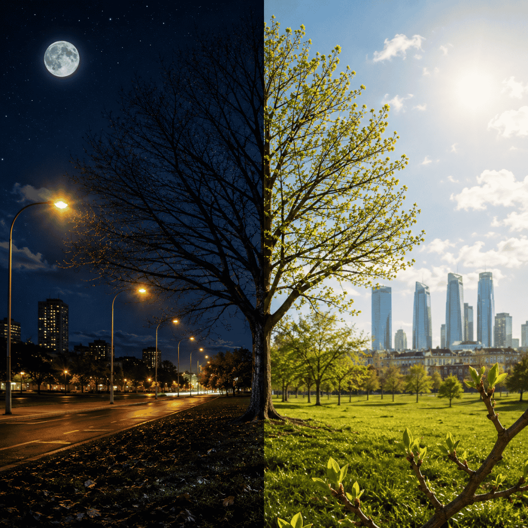 Árbol urbano expuesto a luz nocturna que contrasta con su ciclo natural en Madrid