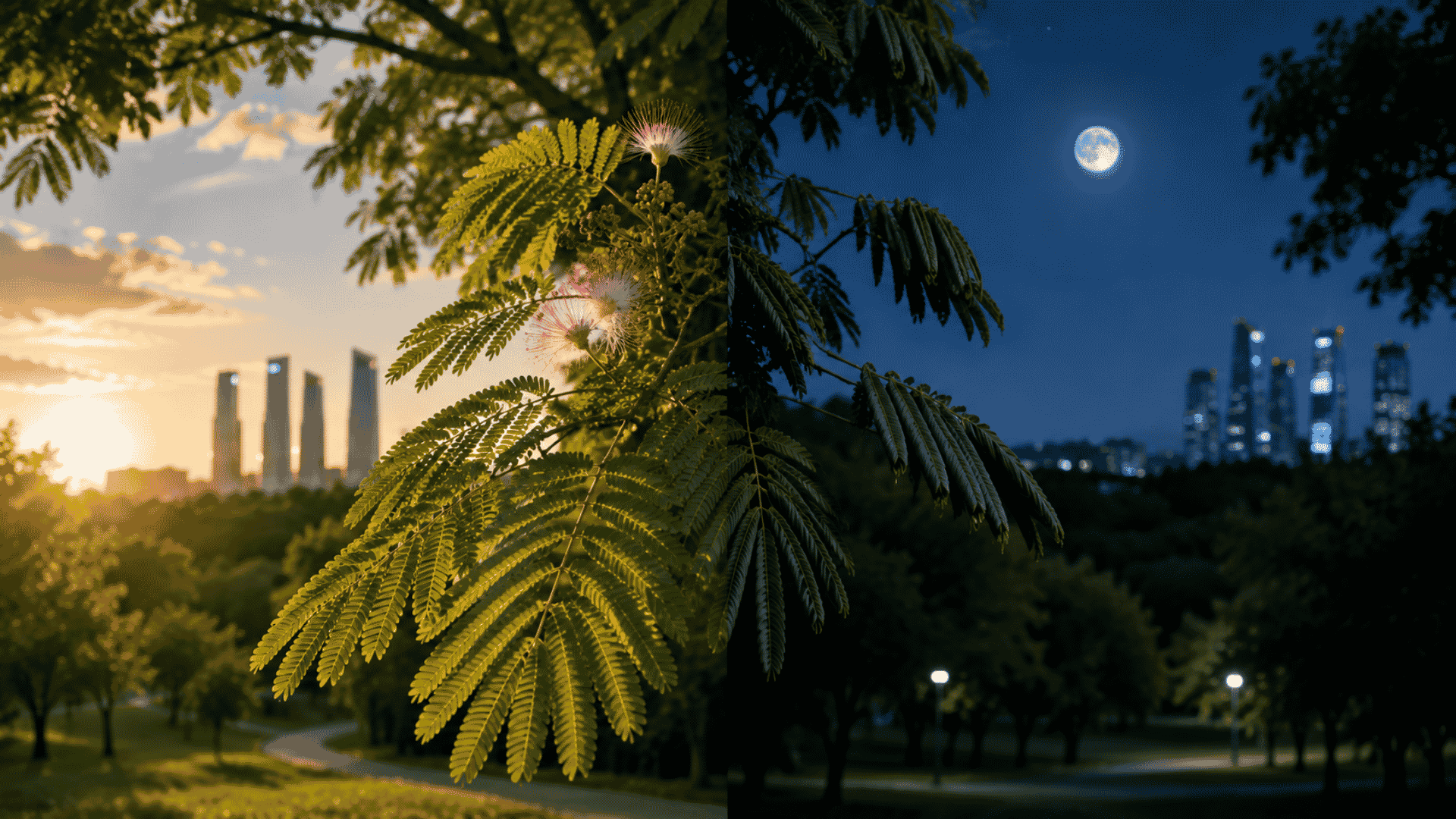 Nictinastia en un árbol con hojas plegadas durante la noche en Madrid