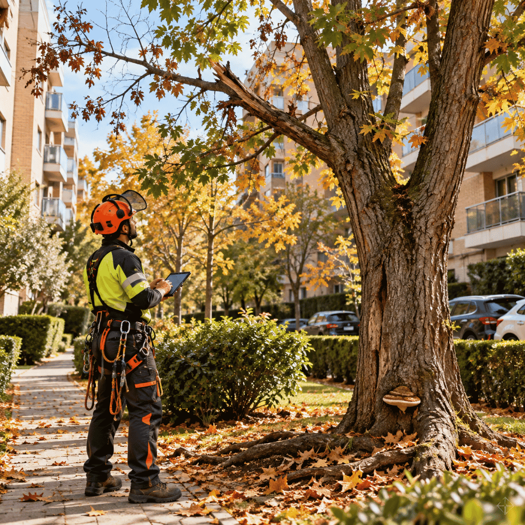 Arborista inspeccionando un árbol con hongos en el tronco en una comunidad de vecinos de Madrid.