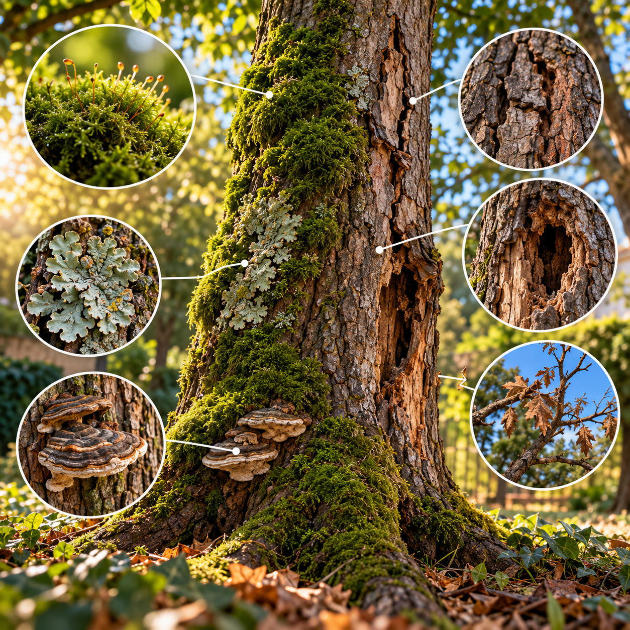 Tronco de árbol con musgo verde, líquenes, hongos y zonas de corteza deteriorada.