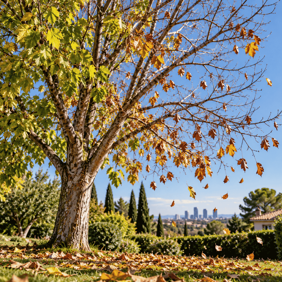 Árbol en otoño con hojas verdes, amarillas y marrones que caen en un jardín de Madrid.