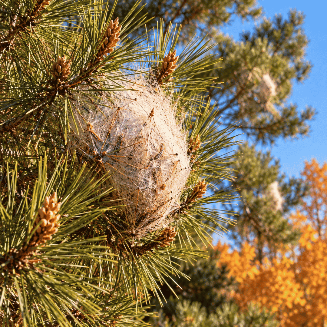 Bolsón de seda de la procesionaria del pino entre las acículas de un árbol en Madrid.