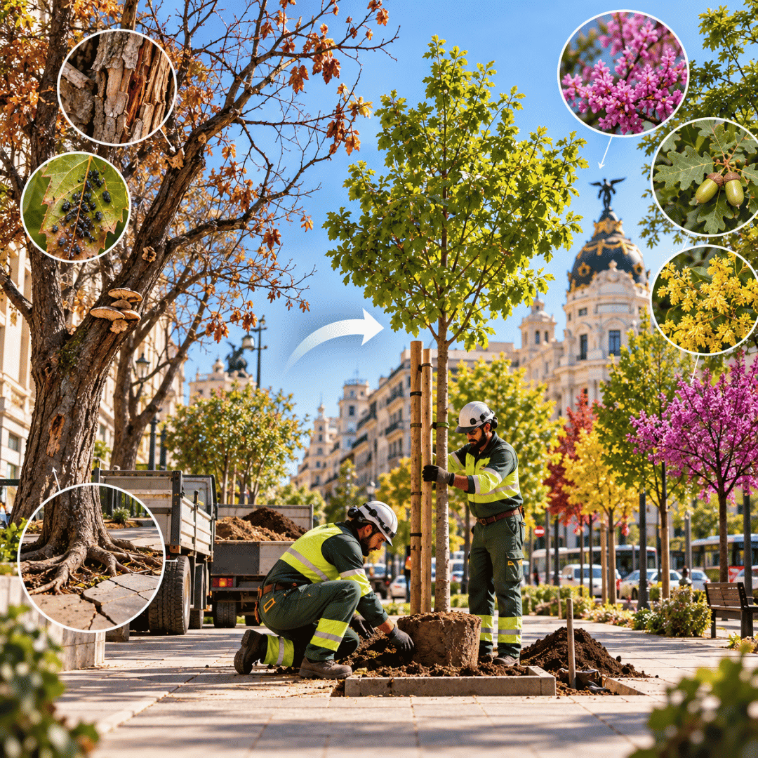 Renovación del arbolado urbano en Madrid con plantación de nuevas especies y comparación de árboles deteriorados.