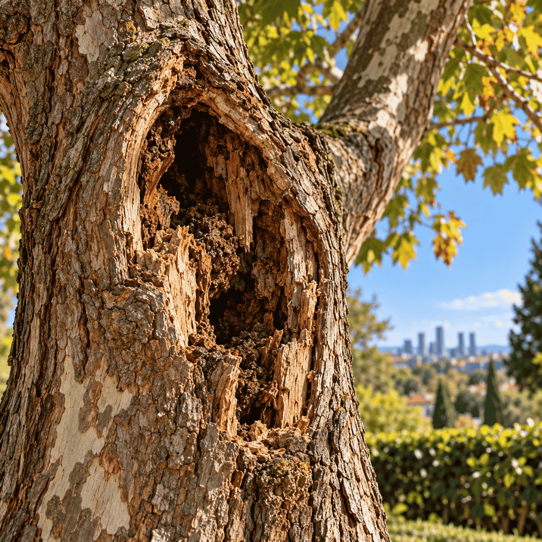 Cavidad con madera deteriorada en el tronco de un árbol.