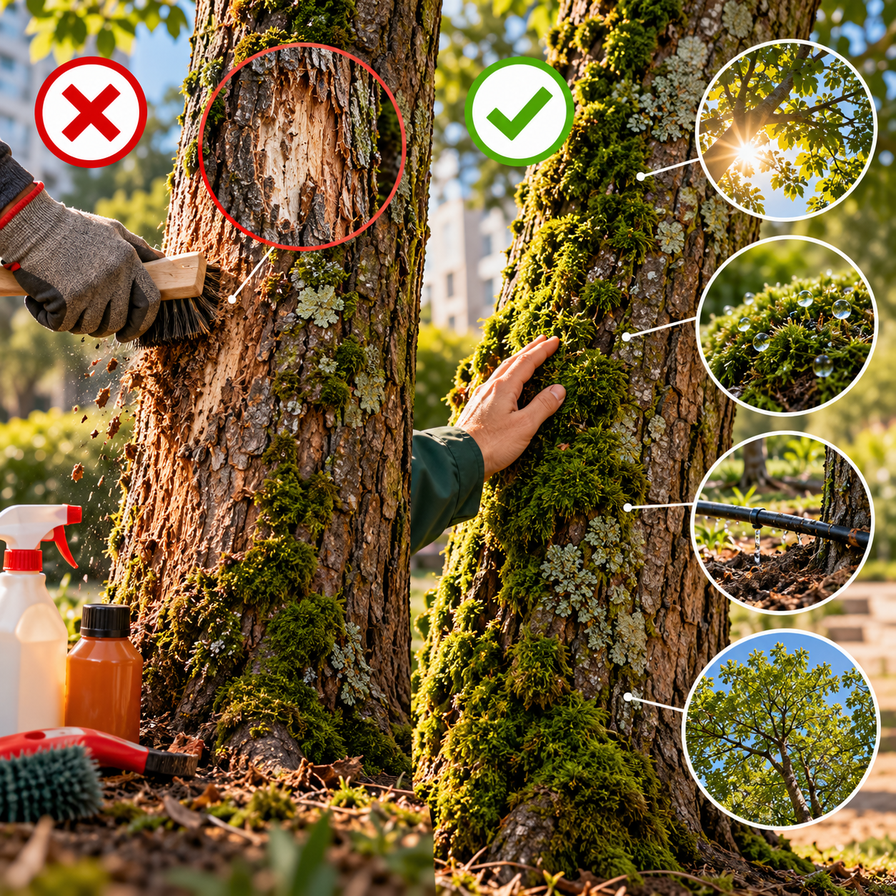 Comparación entre el raspado agresivo de la corteza de un árbol con musgo y la observación cuidadosa del tronco y sus condiciones ambientales.