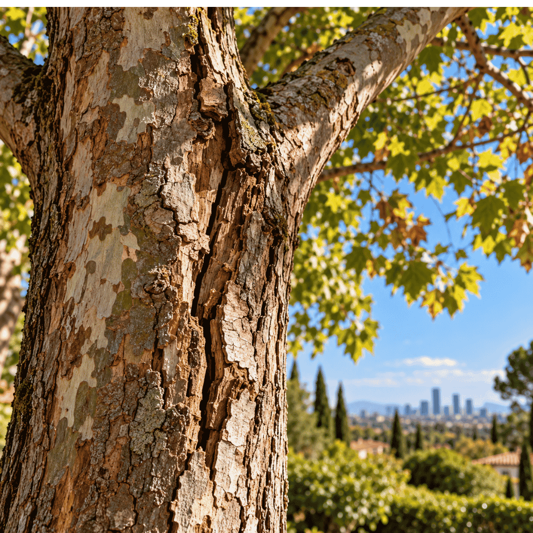 Corteza de árbol con grietas y placas desprendidas en un jardín de Madrid.