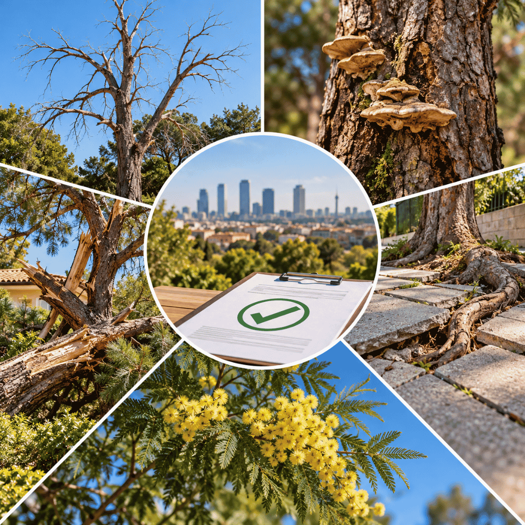 Árbol con ramas rotas, hongos en el tronco y raíces superficiales, señales que requieren evaluar su estado antes de decidir una posible tala en Madrid.