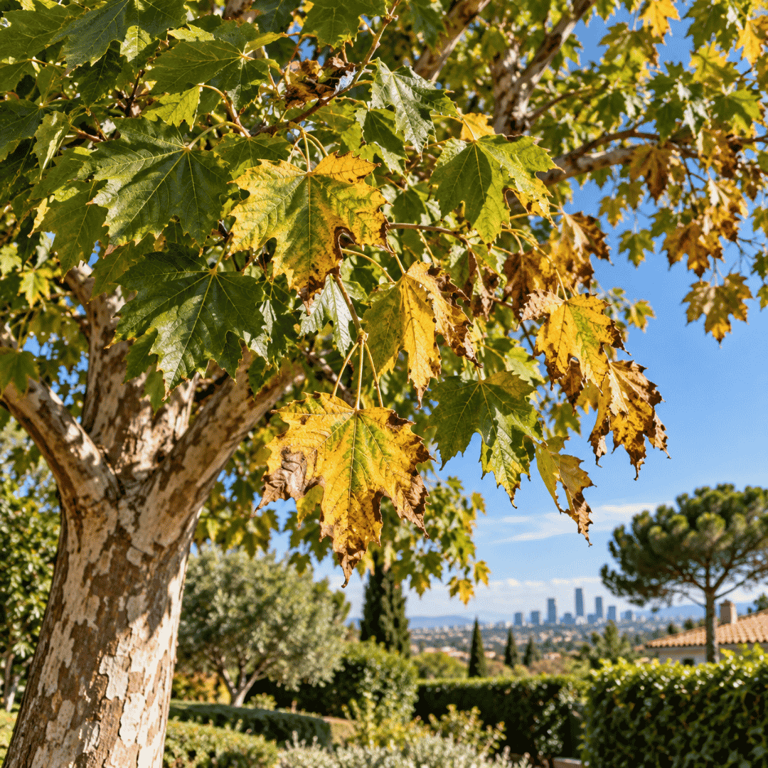 Hojas verdes y amarillas en la copa de un árbol durante el otoño