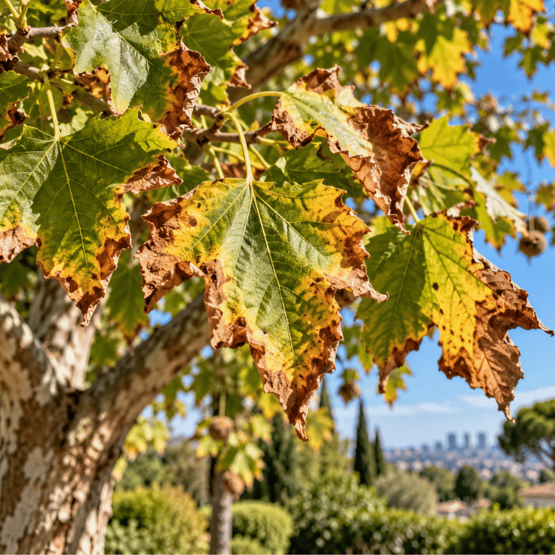 Hojas de árbol amarillas y verdes con bordes secos y marrones