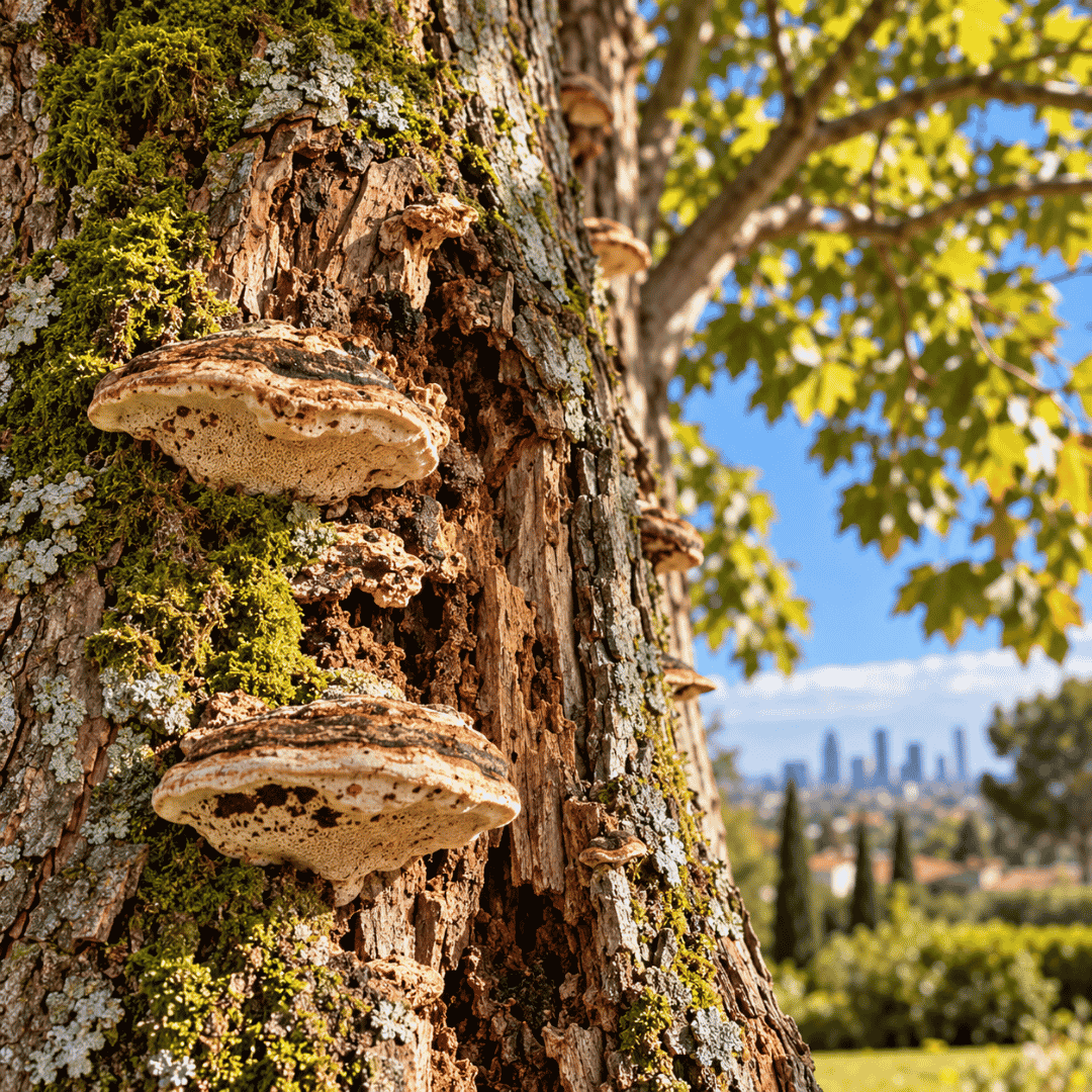 Hongos en forma de repisa creciendo sobre la corteza de un árbol con musgo.