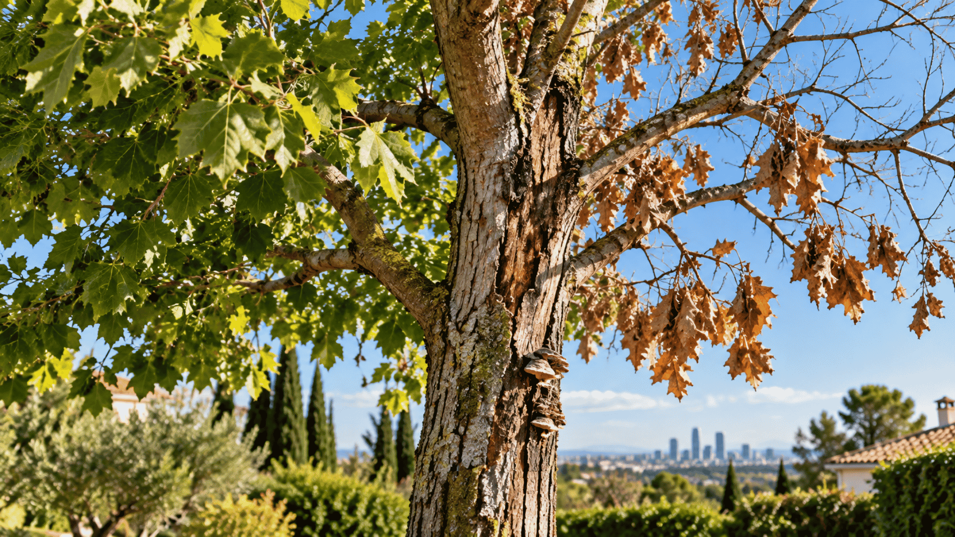 Hongos creciendo sobre el tronco de un árbol con hojas otoñales en Madrid