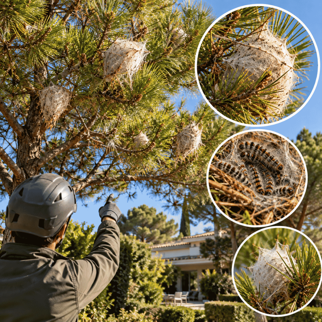 Profesional inspeccionando bolsones de procesionaria del pino en las ramas de un árbol.