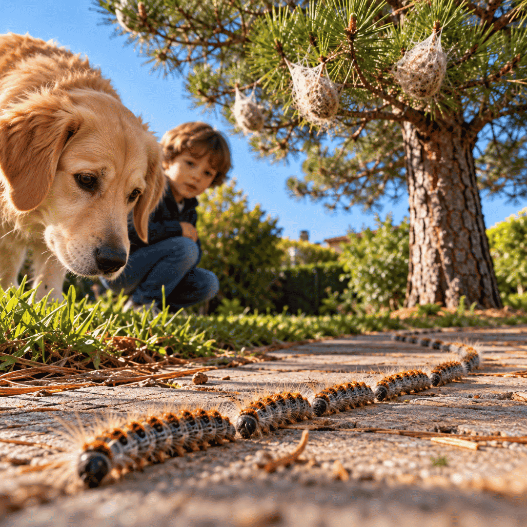 Perro y niño cerca de orugas de la procesionaria del pino en un jardín con bolsones en las ramas.