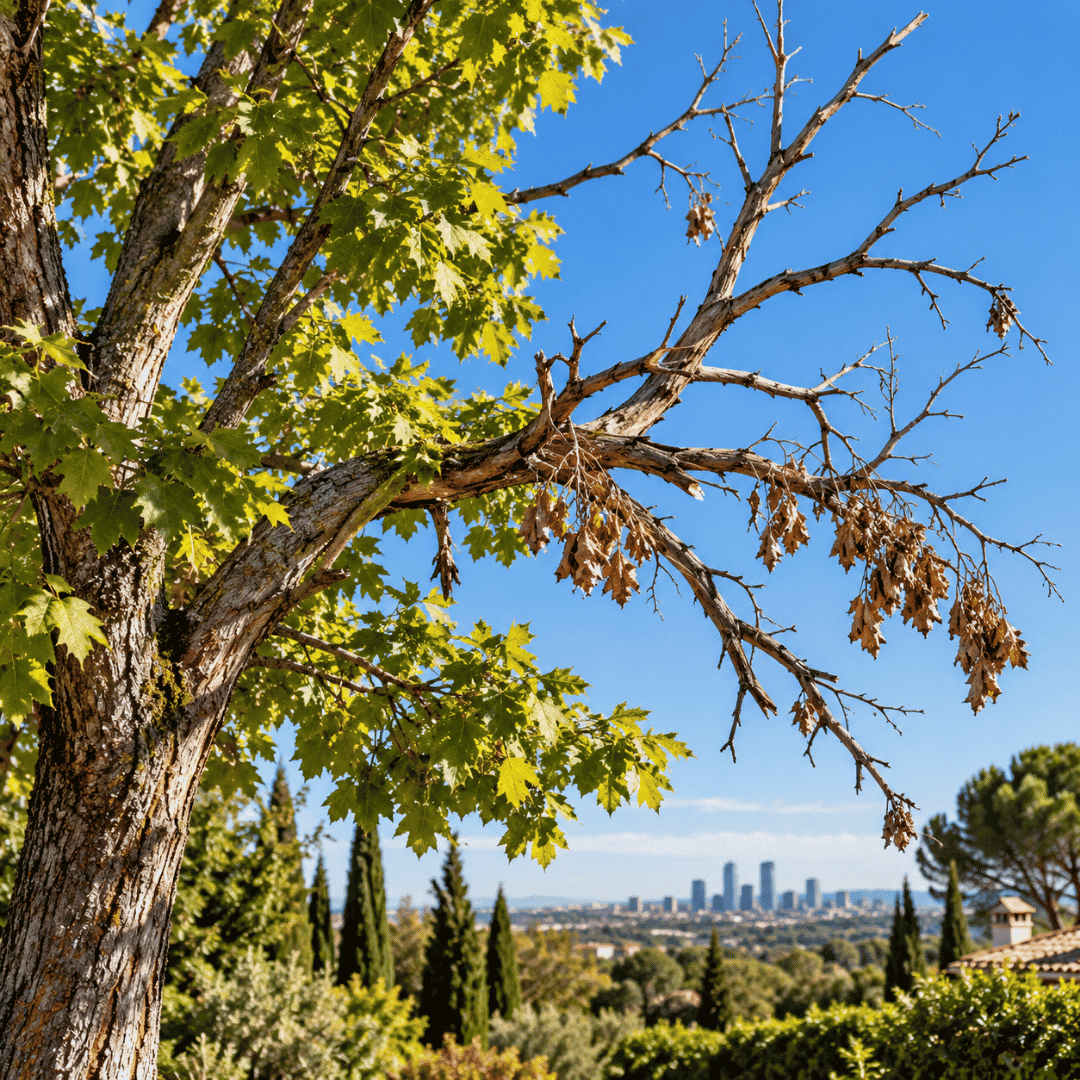 Rama de árbol con hojas secas y zonas sin follaje en un jardín de Madrid.