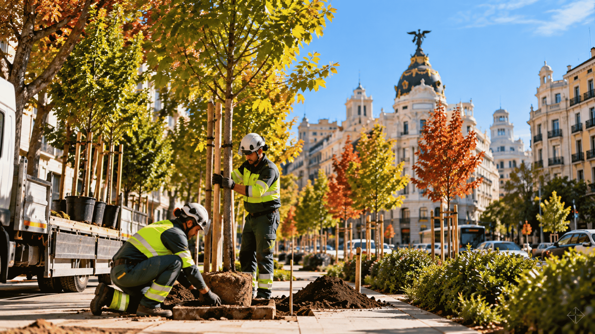 Operarios plantando árboles jóvenes en una calle de Madrid durante la renovación del arbolado urbano.