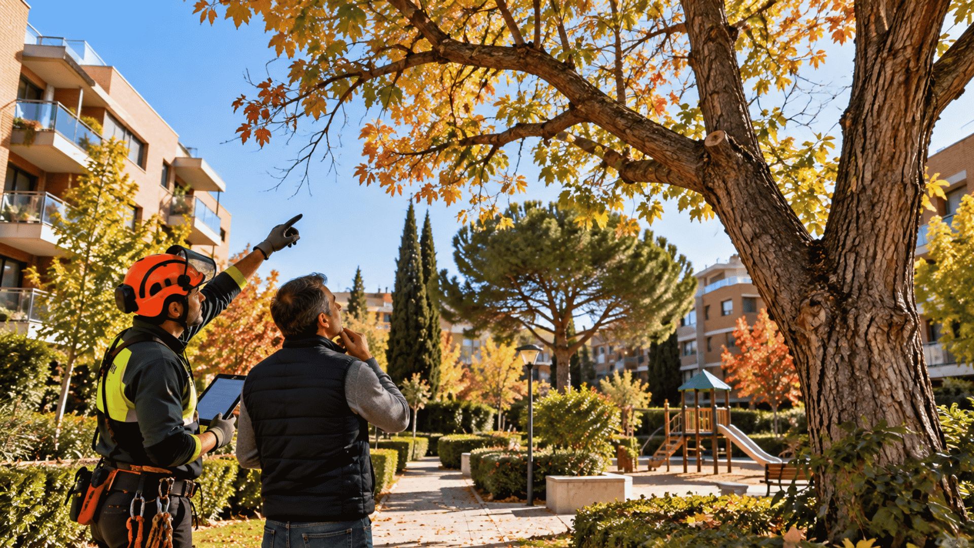 Arborista revisando las ramas de un árbol en una comunidad de vecinos de Madrid antes del invierno.