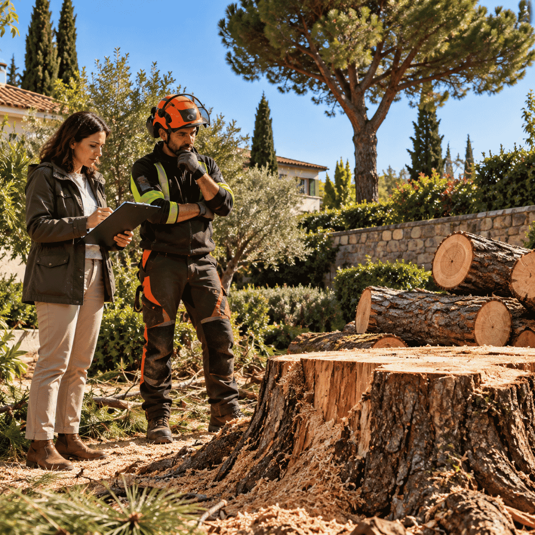 Técnica y arborista revisando un trabajo de tala de árboles en un jardín de Madrid.