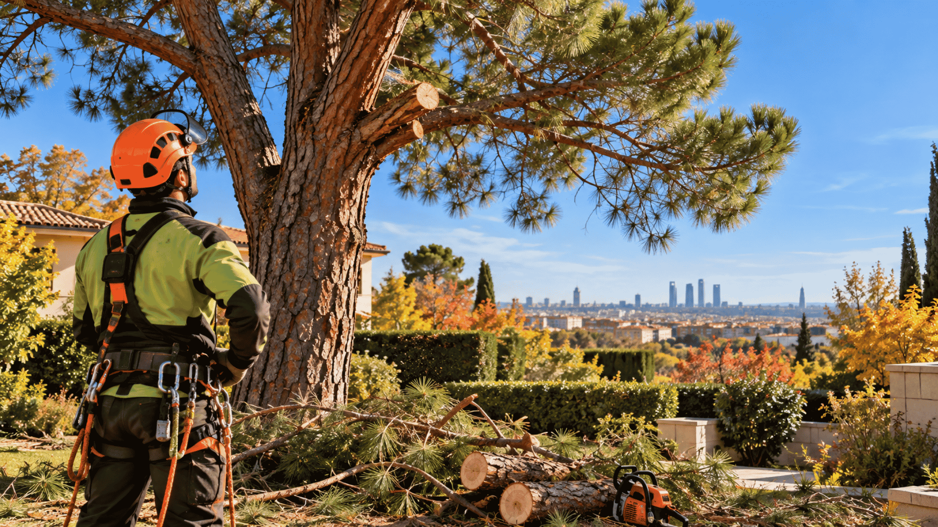 Profesional realizando trabajos de tala controlada de un pino en un jardín de Madrid.