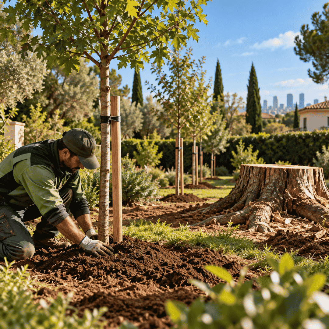 Jardinero plantando un árbol joven junto a un tocón en un jardín de Madrid.
